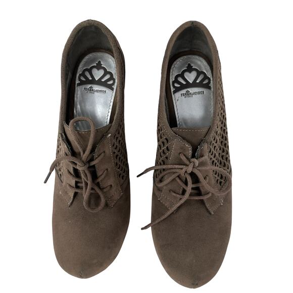 Fergalicious Dade Wedge Oxford Booties Womens 8.5 Taupe Brown Cutout Lace Up - Picture 6 of 11